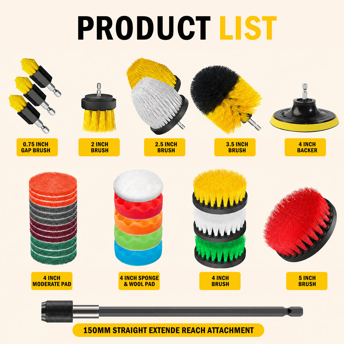 30-Piece Drill Brush Attachments for Cleaning, Yellow Nylon Drill Brush Set with Extension Rod, Gap Brushes, Scrub Pads and Multiple Brush Sizes for Bathroom, Grout, Tile, Tub and Floor