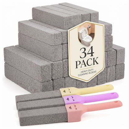 34 Pack Pumice Stone Toilet Bowl Cleaner with 3 Universal Handles, Grey Pumice Stones for Toilets, Bathrooms, Sinks, Grills & Stoves, Scouring Stick for Hard Water Rings & Rust