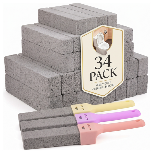 34 Pack Pumice Stone Toilet Bowl Cleaner with 3 Universal Handles, Grey Pumice Stones for Toilets, Bathrooms, Sinks, Grills & Stoves, Scouring Stick for Hard Water Rings & Rust