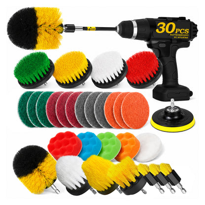 30-Piece Drill Brush Attachments for Cleaning, Yellow Nylon Drill Brush Set with Extension Rod, Gap Brushes, Scrub Pads and Multiple Brush Sizes for Bathroom, Grout, Tile, Tub and Floor