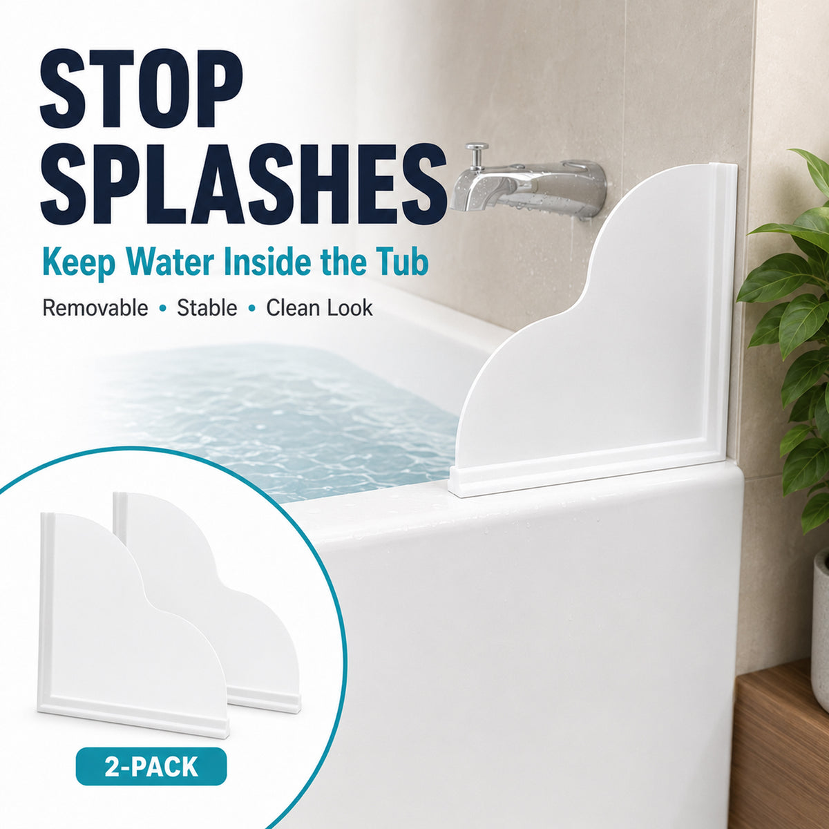 2 Pack Shower Splash Guard, Removable Tub Splash Guard with Silicone Base and Clear Acrylic Panel, Self-Adhesive Bathtub Splash Guard for Tub, Bath and Walk-In Shower