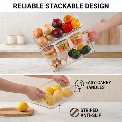 Clear Plastic Storage Bins with Handles, Stackable Pantry Organizers and Storage for Kitchen Cabinets, Fridge, Freezer, Shelves, Drawers, Fruit, Snacks and Household Items