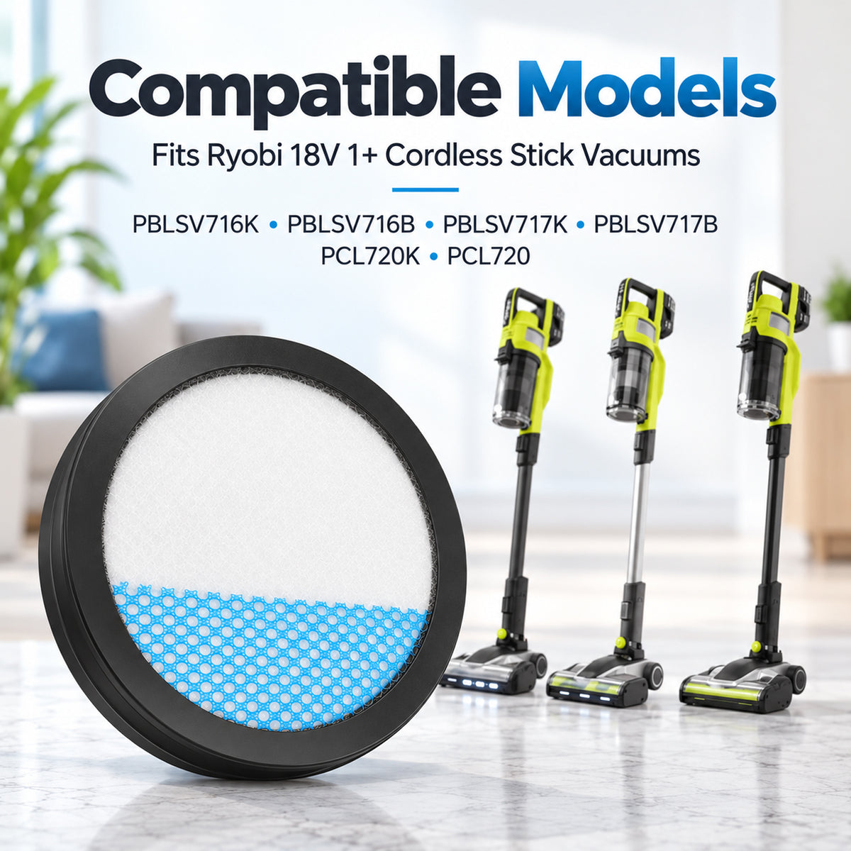 6 Pack Vacuum Filter Replacement Compatible with Ryobi PCL720 PBLSV716 and PBLSV717, 4.3 Inch Washable Reusable Pleated Filter