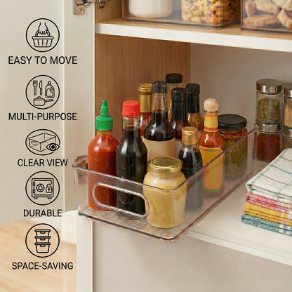 Clear Plastic Storage Bins with Handles, Stackable Pantry Organizers and Storage for Kitchen Cabinets, Fridge, Freezer, Shelves, Drawers, Fruit, Snacks and Household Items