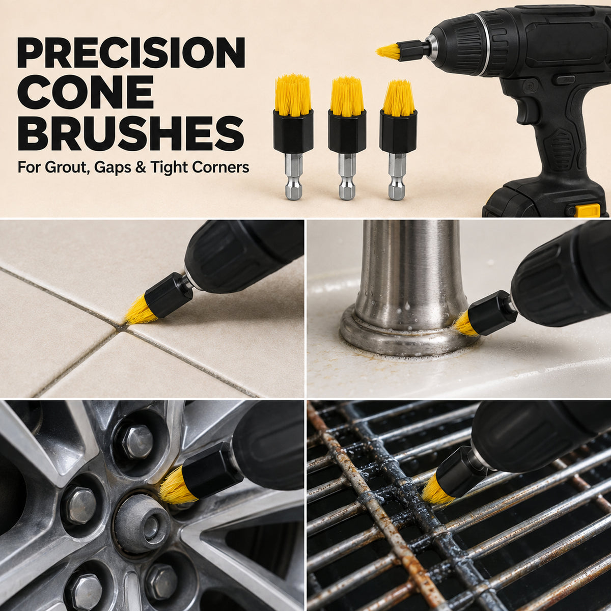 30-Piece Drill Brush Attachments for Cleaning, Yellow Nylon Drill Brush Set with Extension Rod, Gap Brushes, Scrub Pads and Multiple Brush Sizes for Bathroom, Grout, Tile, Tub and Floor