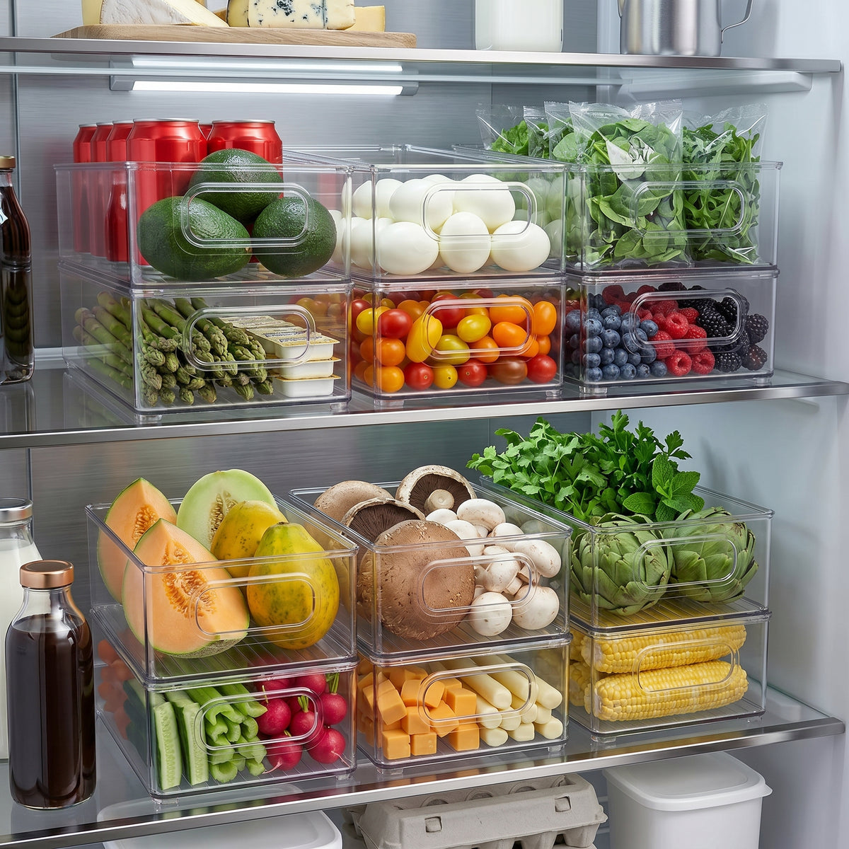 Clear Plastic Storage Bins with Handles, Stackable Pantry Organizers and Storage for Kitchen Cabinets, Fridge, Freezer, Shelves, Drawers, Fruit, Snacks and Household Items