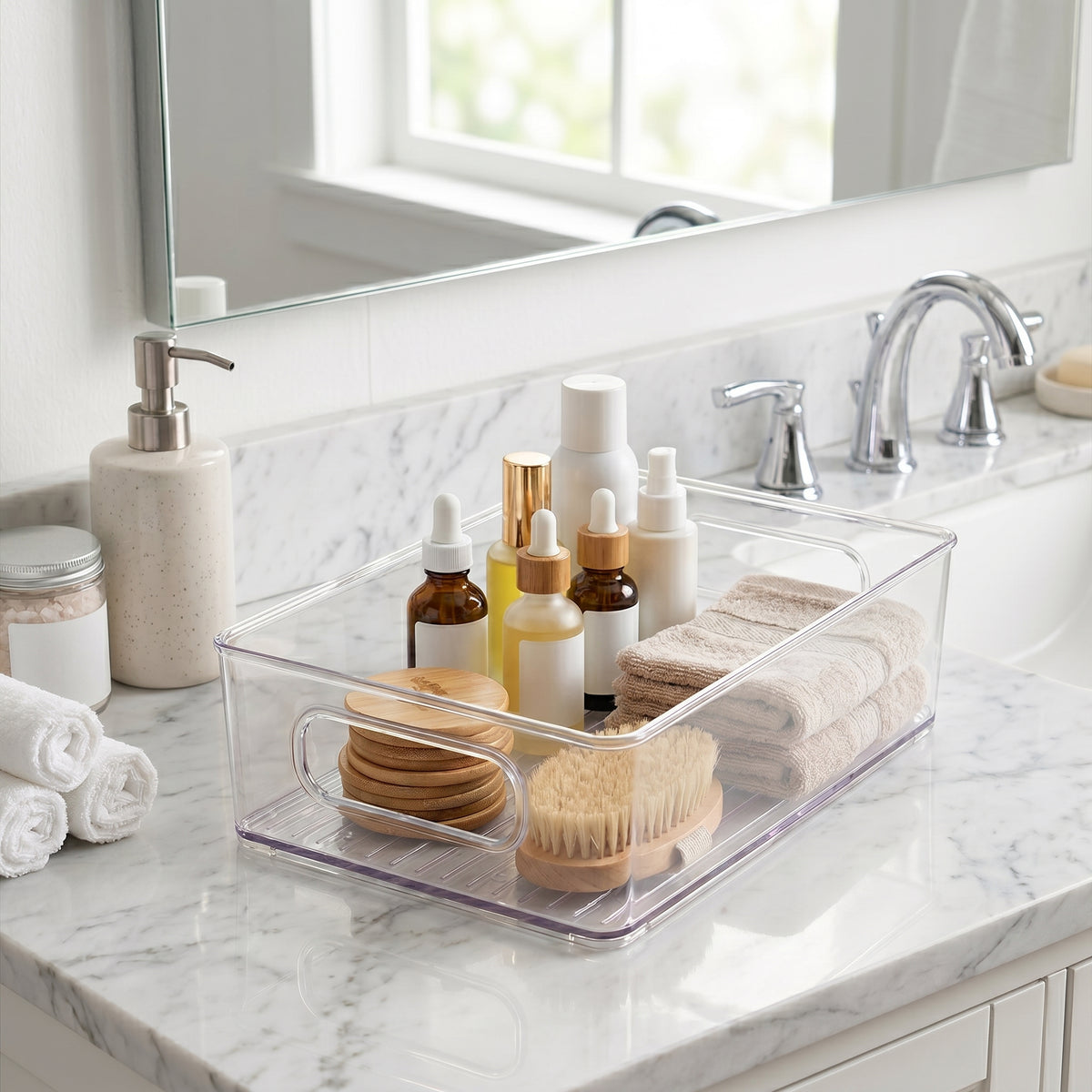 Clear Plastic Storage Bins with Handles, Stackable Pantry Organizers and Storage for Kitchen Cabinets, Fridge, Freezer, Shelves, Drawers, Fruit, Snacks and Household Items