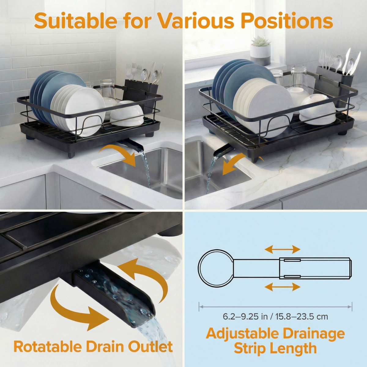 Metal Dish Drying Rack for Kitchen Counter (16.5" × 12") — Rust-Resistant Coated Steel with Removable Utensil Holder & Swivel Drainboard, Black
