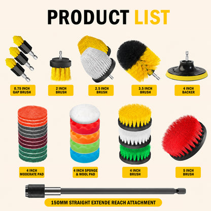 30-Piece Drill Brush Attachments for Cleaning, Yellow Nylon Drill Brush Set with Extension Rod, Gap Brushes, Scrub Pads and Multiple Brush Sizes for Bathroom, Grout, Tile, Tub and Floor