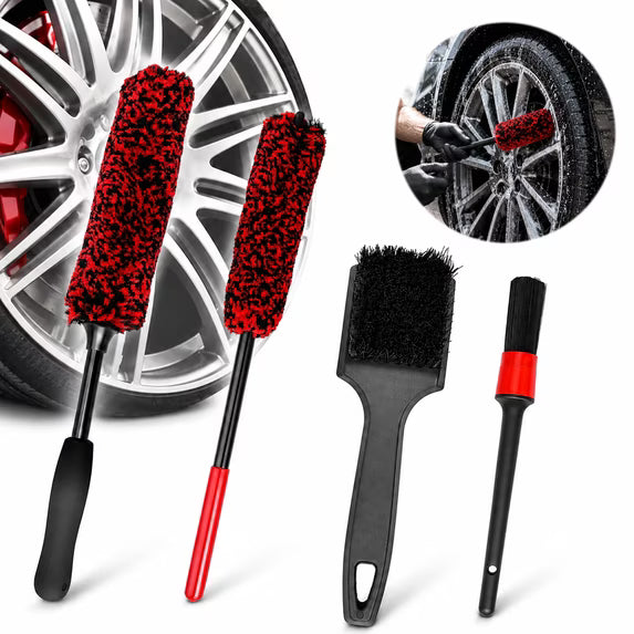 4 Pack Long Handle Wheel Brush Kit, Bendable Wheel Cleaner Brush & Microfiber Rim Cleaner, Tire Brush for Car Detailing, Wheel Brushes for Cleaning Wheels