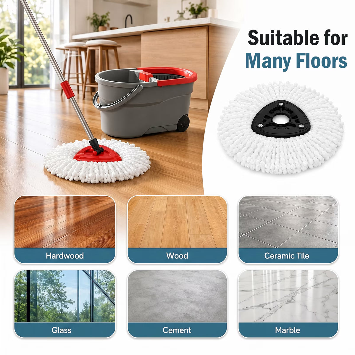 12 Pack Mop Heads Replacements, Microfiber Spin Mop Replacement Head Refills, Machine Washable Mop Replace Head for Hardwood, Tile & Laminate