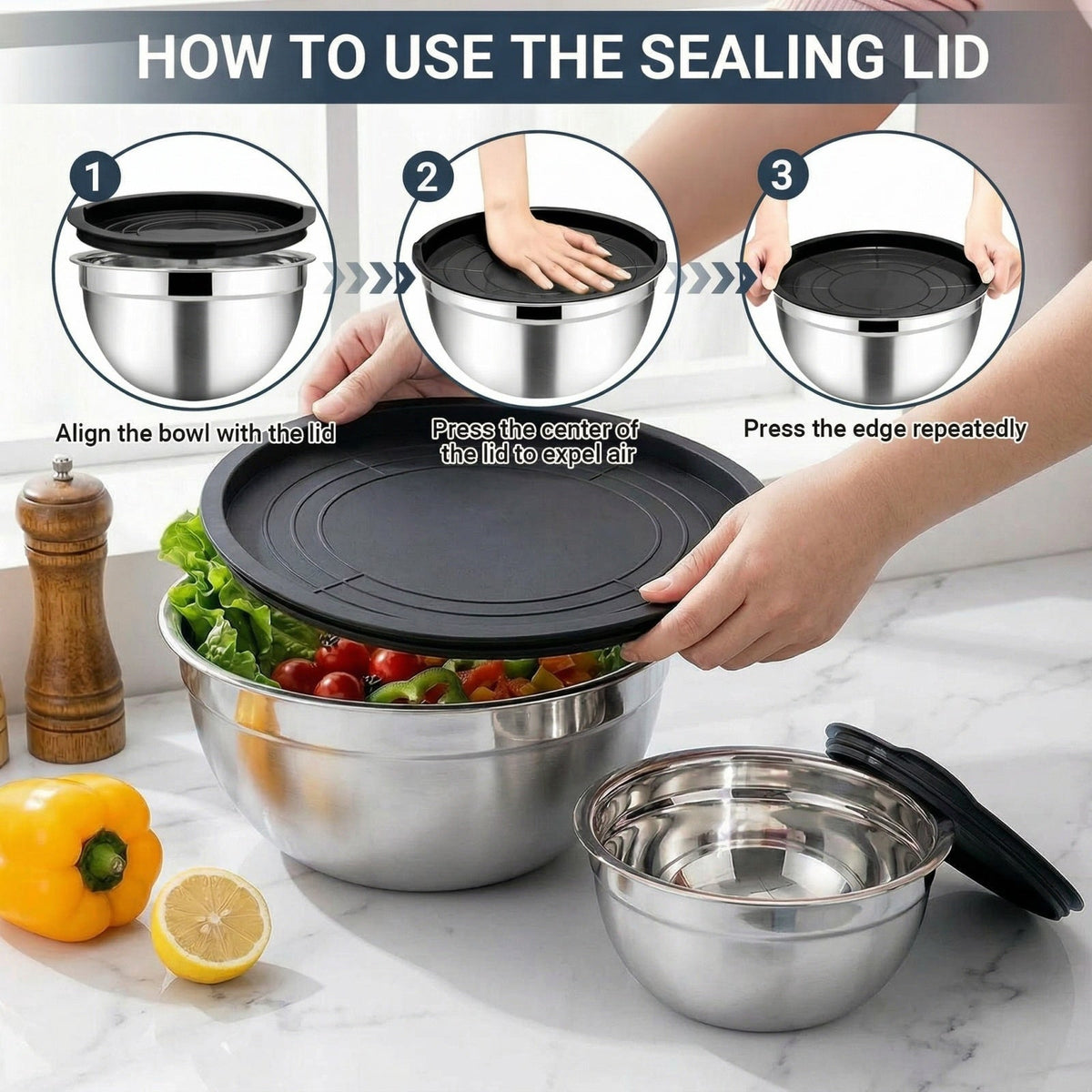 21-Piece Stainless Steel Mixing Bowl Set with Lids — 7 Nesting Sizes (0.7/1/1.5/2/2.5/3.5/4.2 QT ), Kitchen Gadgets Included, Secure-Fit Covers