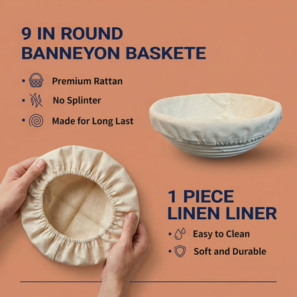 Complete Sourdough Starter Kit - 9" Rattan Banneton Basket, 24oz Glass Fermentation Jar with Thermometer, Full Bread Baking Tool Set for Beginners