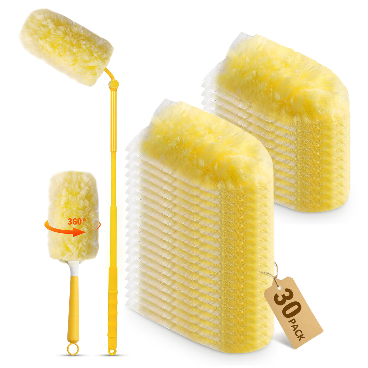 30 Pack Duster Refills with 2 Handles, 360-Degree High-Density Duster Heads